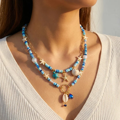 Bohemian Shell Layered Necklace - Vintage Starfish & Turtle Blue Beaded Beach Jewelry for Women