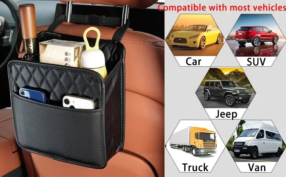 2024 Multi-Functional Car Seat Storage Bag – Leather Garbage Bag & Portable Trash Can for Most Models