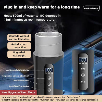 12V/24V Portable Car Electric Kettle 500ml – Smart Touch Screen Travel Heating Cup with Adjustable Temperature Thermal Mug