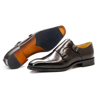 Men’s Genuine Leather Monk Strap Shoes - Double Buckle Cap Toe Formal Business Office Wedding Dress Shoes