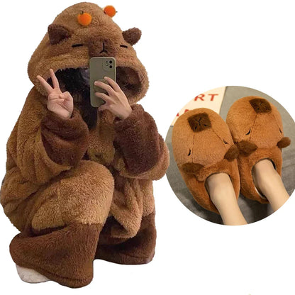Winter Capybara Cosplay Costume - Adult Kigurumi Unicorn Onesie, Anime Nightgown, Halloween Cartoon Pajamas & Sleepwear