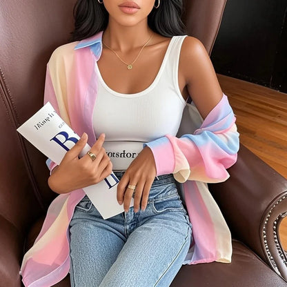 Women’s See-Through Gradient Rainbow Long Sleeve Shirt – Loose Pink Casual Fashion Blouse, Trendy Top