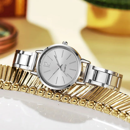 2PCS Set Luxury Women's Watches – Simple Dial, Hollow Strap Gold Bracelet Quartz Wristwatch for Students & Ladies