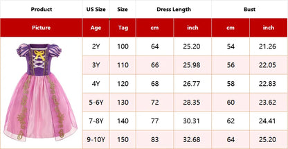Disney Rapunzel Princess Dress - Purple Puff Sleeve Tangled Cosplay Costume for Girls, Halloween & Birthday Ball Gown