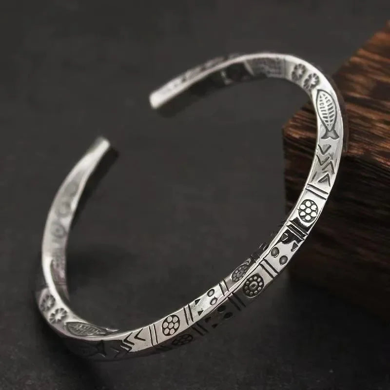 Retro Tibetan Six-Character Mantra Bracelet — Silver Plated Lotus Cuff for Men