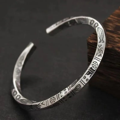 Retro Tibetan Six-Character Mantra Bracelet — Silver Plated Lotus Cuff for Men