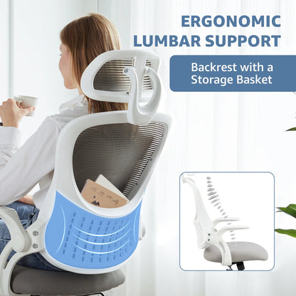 Mesh Ergonomic Office Chair – Adjustable Headrest, Flip-Up Arms, Comfortable Lumbar Support for Home & Office