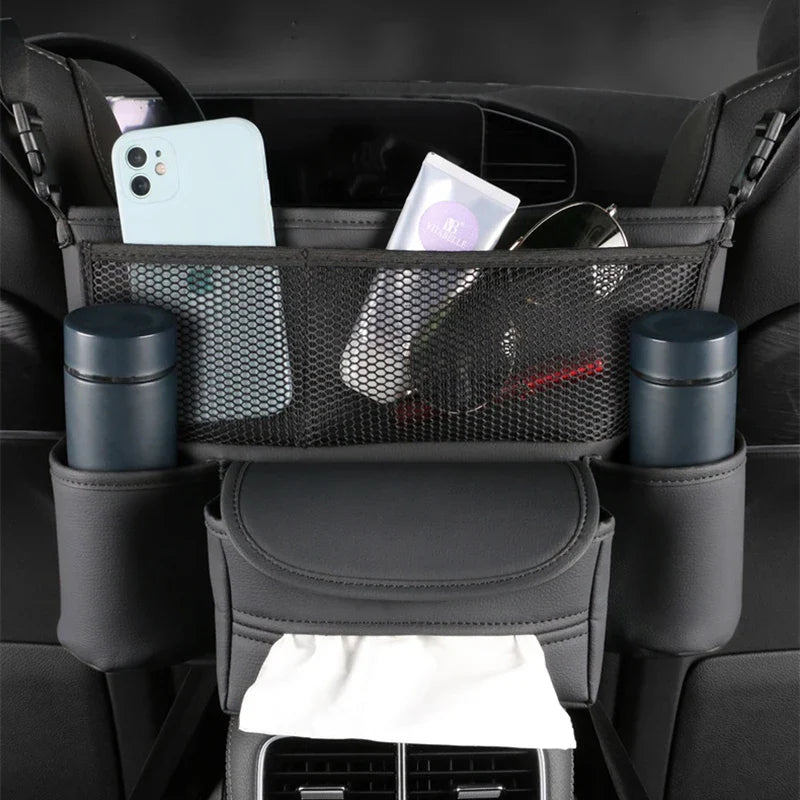 Car Seat Middle Storage Bag – PU Leather Auto Armrest Handbag Holder with Water Cup, Phone & Tissue Pockets, Universal Seat Hanger