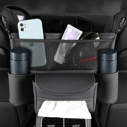 Car Seat Middle Storage Bag – PU Leather Auto Armrest Handbag Holder with Water Cup, Phone & Tissue Pockets, Universal Seat Hanger