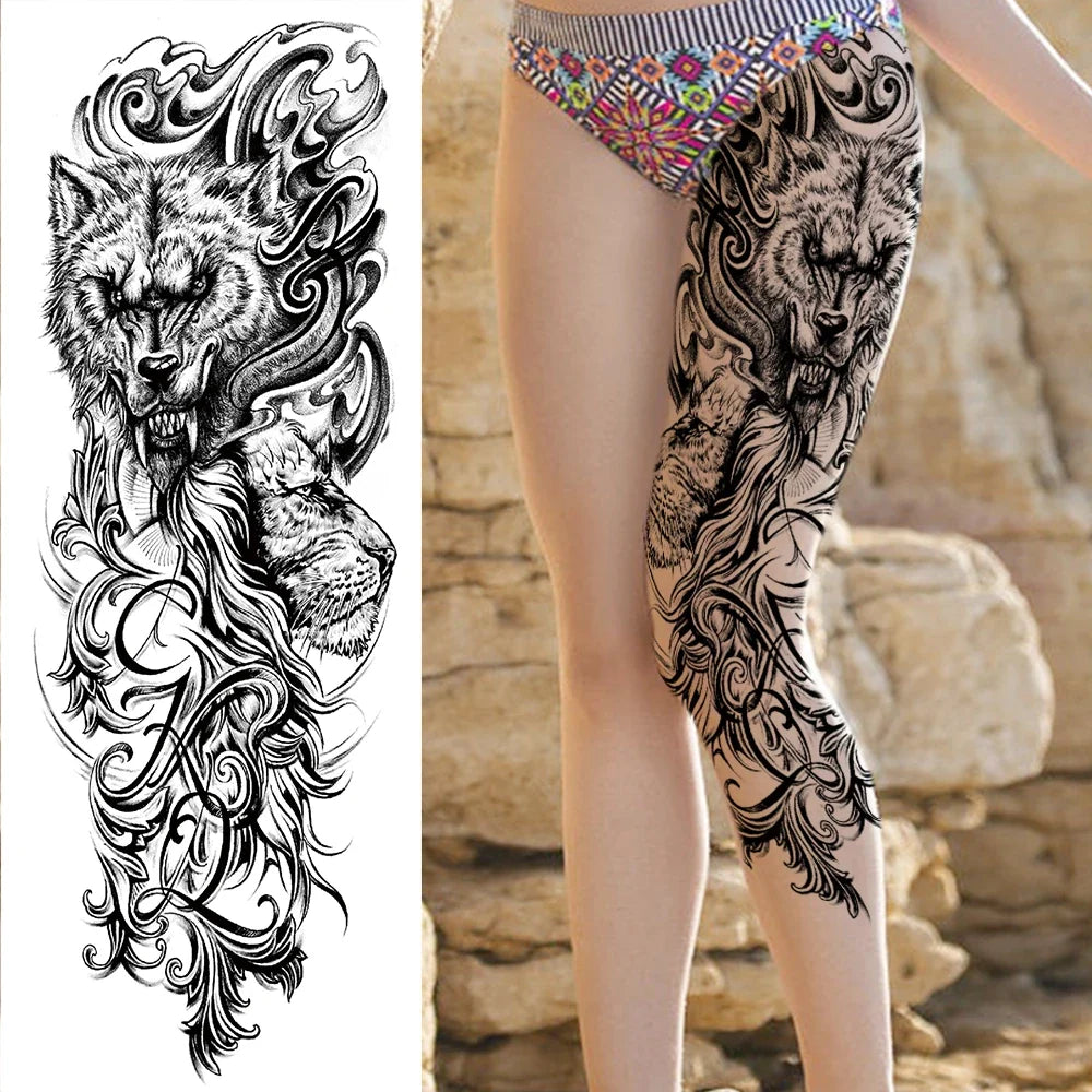 Full Arm Temporary Tattoo Sleeve - Realistic Warrior Lion Tiger Flower & Maori Design Fake Tattoos