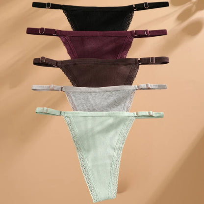 5PCS Cotton G-String Panties Set — Sexy Women’s T-Back Underwear, Adjustable Waist Thong Lingerie Briefs