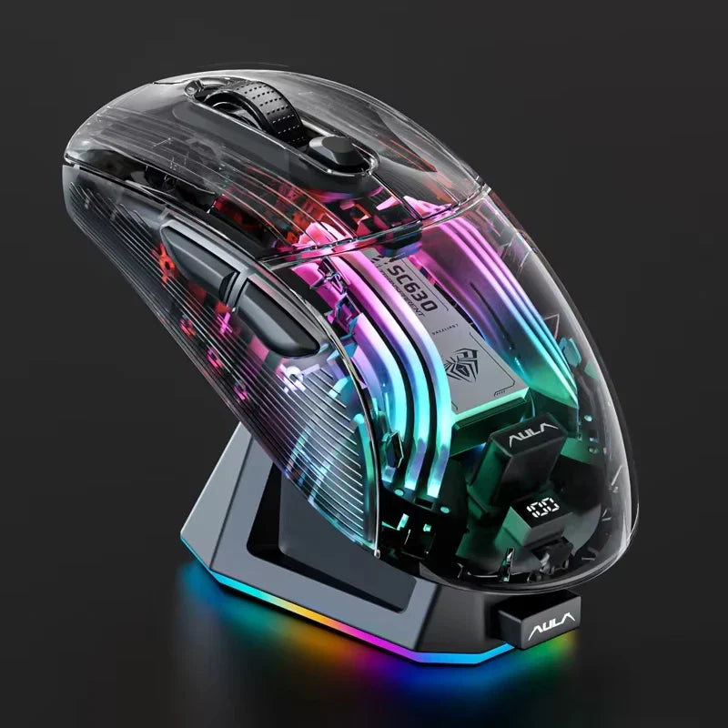 Aula SC630 Custom Gaming Mouse – 3-Mode 2.4G/Bluetooth/USB with Charging Base, Energy-Saving Esports Mouse for PC