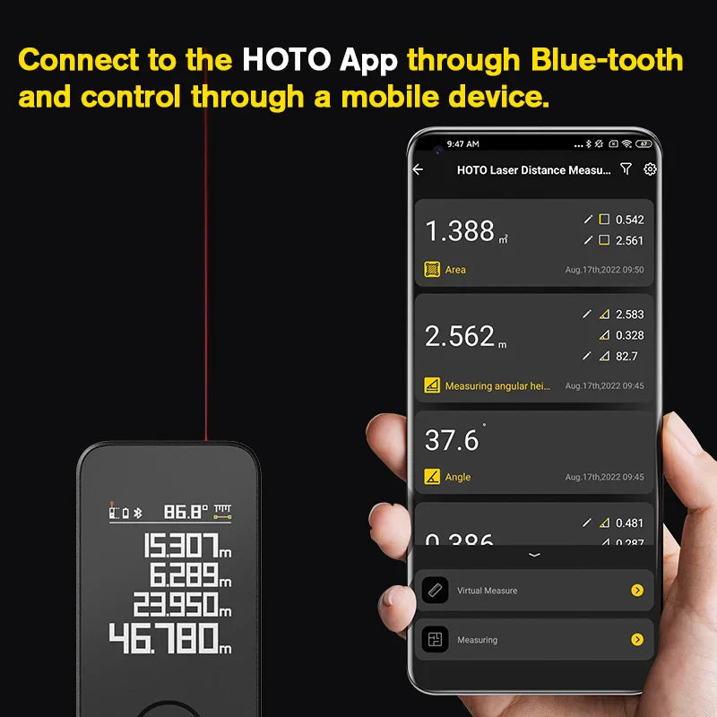 HOTO Smart Laser Measure Pro – LED Display Digital Laser Tape, Rechargeable Rangefinder & Intelligent Measuring Tool