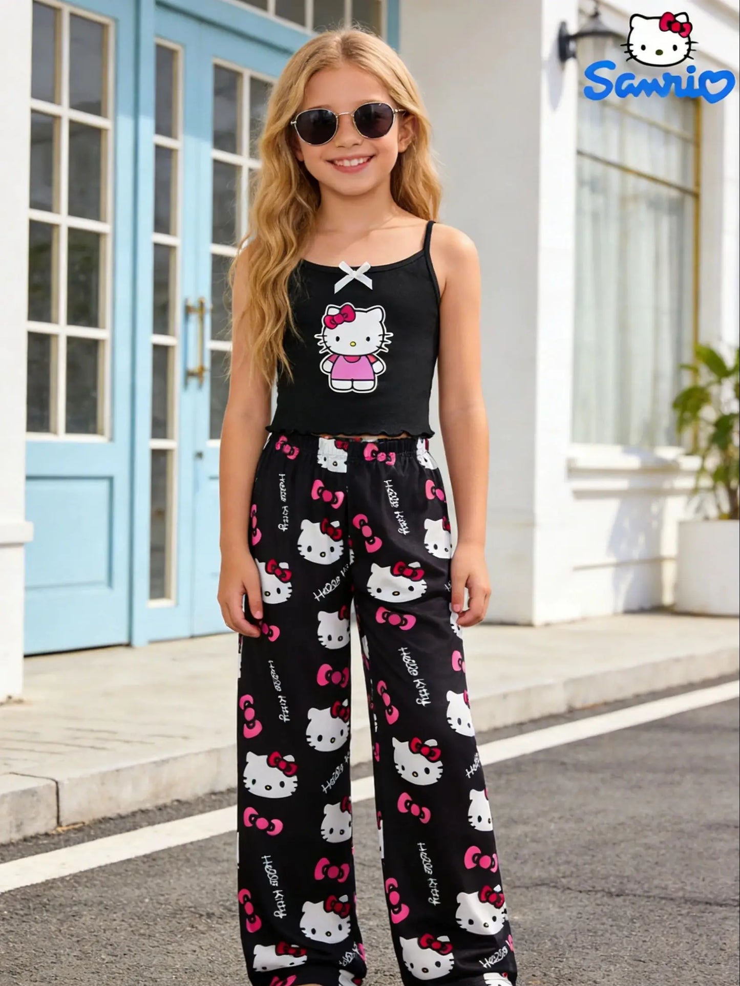 Girls Sanrio Hello Kitty Pants Set - Summer Tank Top & Wide Leg Casual Pants for Outdoor and Home Wear