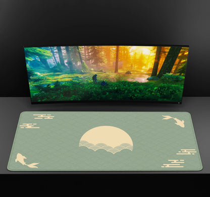 Japanese XXL Desk Mat 90x40 — Black & Red Koi Fish Gaming Mouse Pad, Sunrise Art Rubber Mousepad
