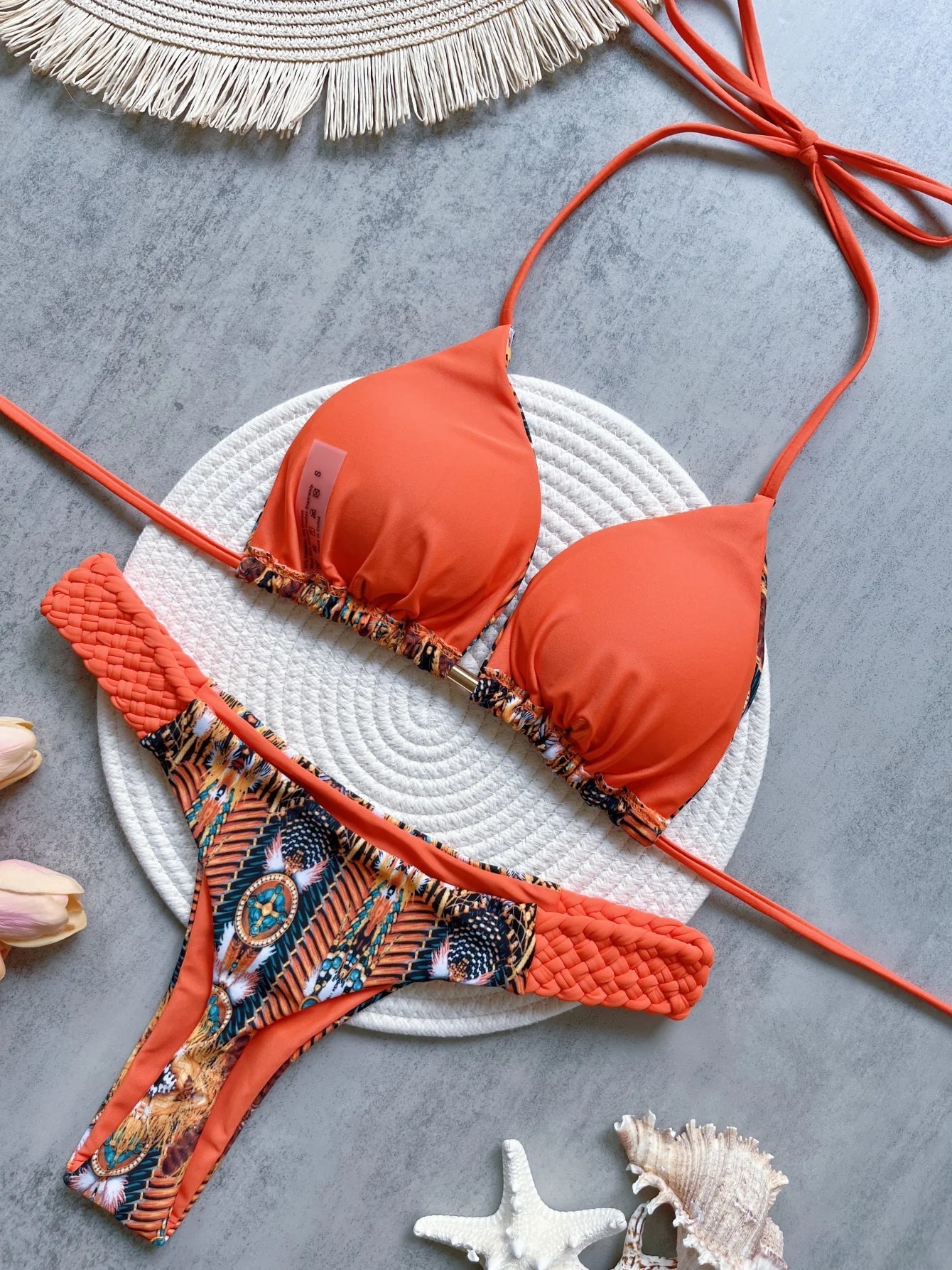 RUOTONSEPT Women’s Print Halter Bikini Set - High Cut Mini Thong Two-Piece Swimsuit Beach Swimwear