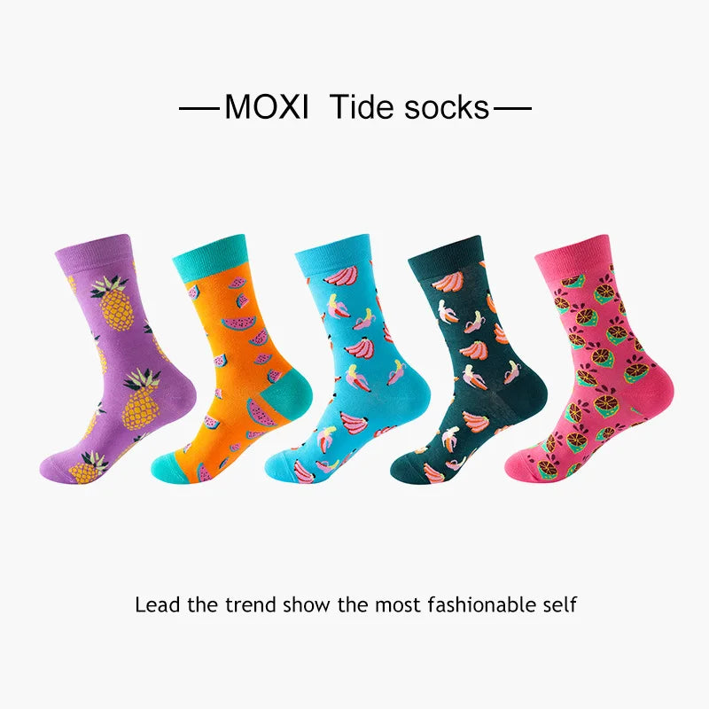 5-Pair Men’s Cotton Sports Socks Pack - Hip Hop Harajuku Pastel Print Long Tube Running Casual Socks