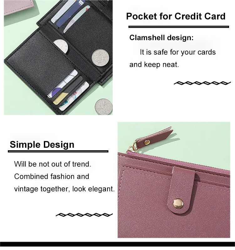 Women’s PU Leather Mini Wallet — Slim Hasp & Zipper Purse, Multi-Card Holder with Coin Pocket, Small Solid Short Wallet