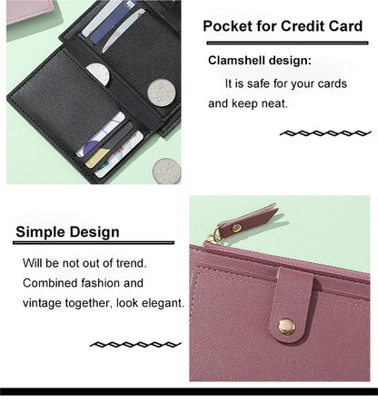 Women’s PU Leather Mini Wallet — Slim Hasp & Zipper Purse, Multi-Card Holder with Coin Pocket, Small Solid Short Wallet