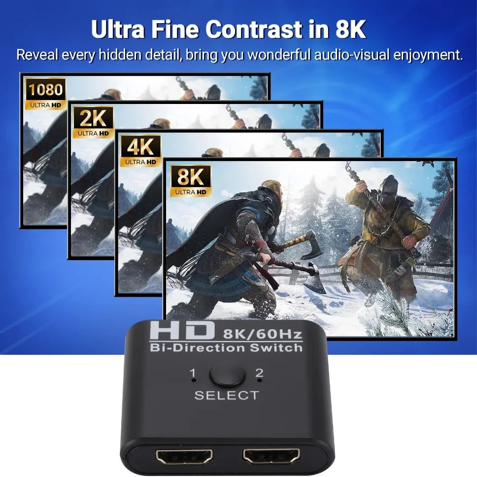 8K 60Hz HDMI Switch Splitter - Bi-Directional 1x2/2x1 HDMI Switcher Adapter for PS4, TV Box, and Switch