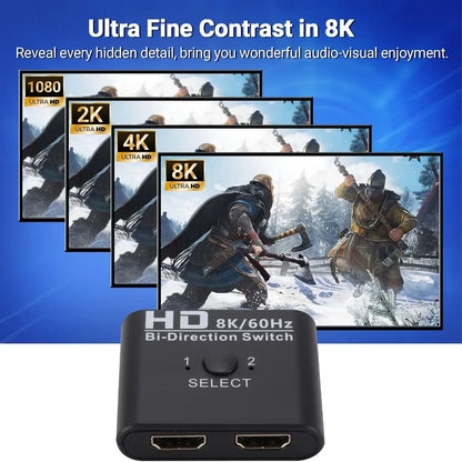 8K 60Hz HDMI Switch Splitter - Bi-Directional 1x2/2x1 HDMI Switcher Adapter for PS4, TV Box, and Switch