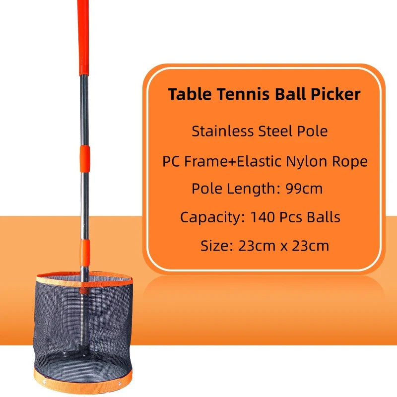99cm Stainless Steel Table Tennis Ball Picker – Round Bucket Collector with 140-Ball Capacity Ping Pong Retrieval Pole for Training and Practice Use
