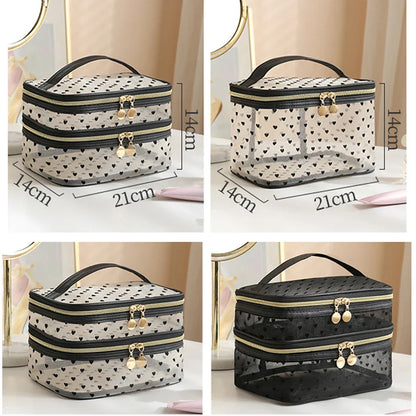 Double-Layer Black Mesh Cosmetic Bag – Large Capacity Travel Makeup Case Organizer with Zipper Toiletry Pouch