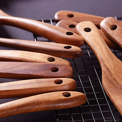 1–10PCS Teak Wooden Cooking Spoons – Smooth Non-Stick Wooden Utensils Set for Kitchen Cooking
