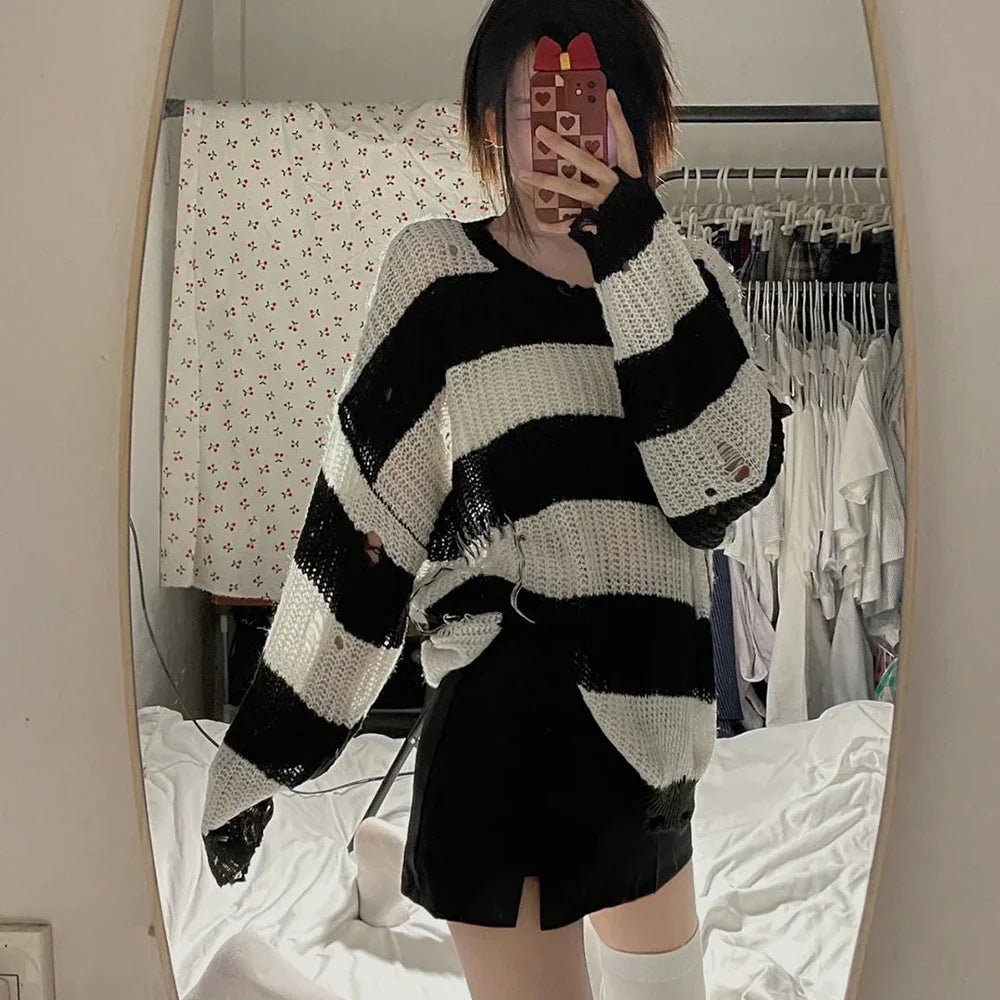 Anime NANA Okazaki Shinichi Cosplay Costume – Unisex Stripe Knitted Ripped Sweater for Autumn & Halloween