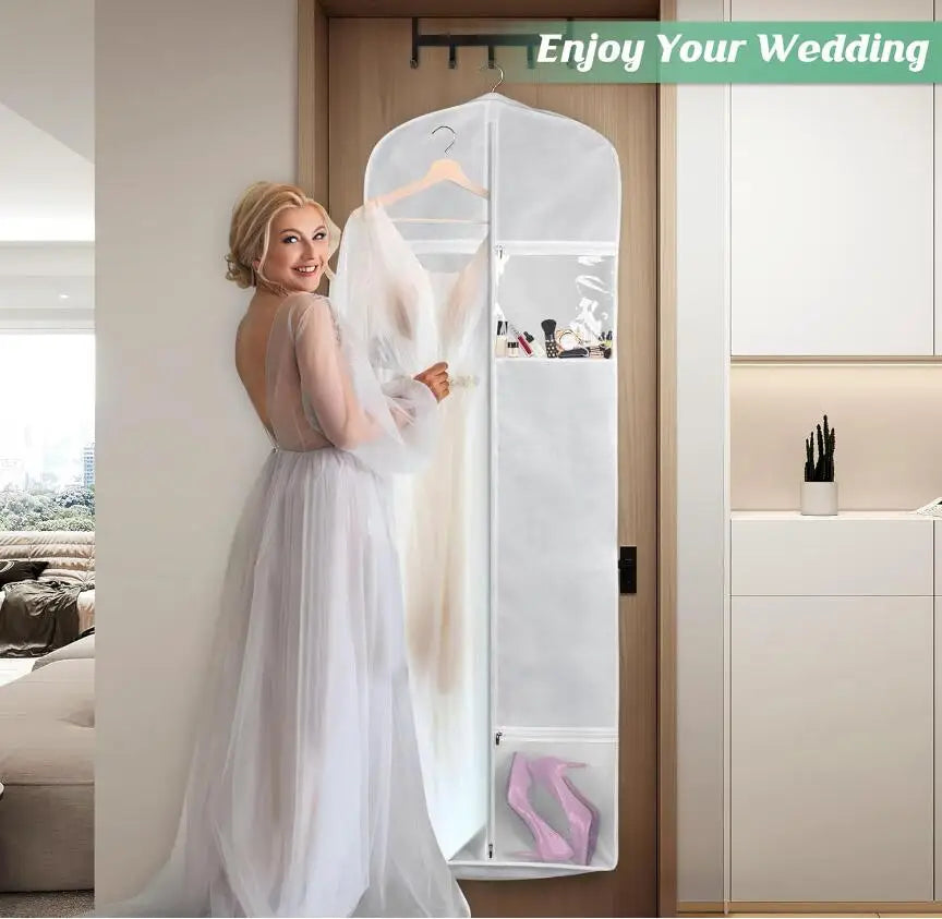 Portable 70" Wedding Dress Garment Bag — Long Dress Cover with 4 Pockets, Handles & 10" Gusset for Women
