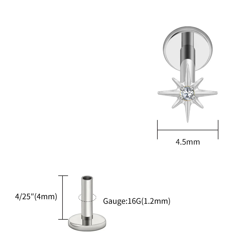 Right Grand ASTM F136 Titanium CZ North Star 16G Flat Back Earring – Tiny Starburst Helix, Cartilage & Earlobe Stud Piercing Jewelry