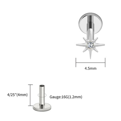 Right Grand ASTM F136 Titanium CZ North Star 16G Flat Back Earring – Tiny Starburst Helix, Cartilage & Earlobe Stud Piercing Jewelry