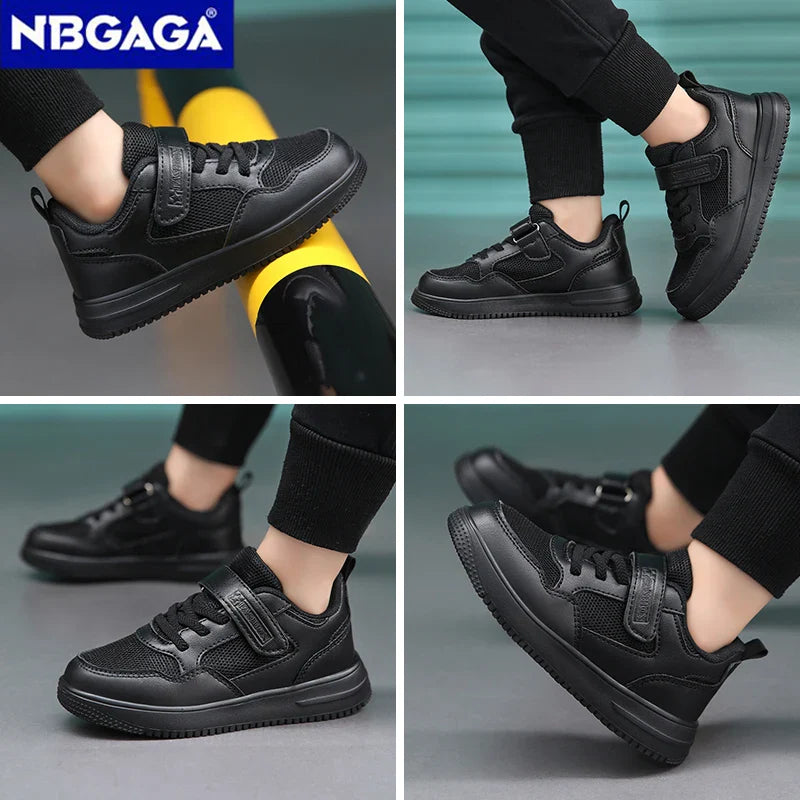 Children’s Black Leather Sneakers – Non-Slip Casual Flat Walking Shoes for Boys & Girls, Lightweight Student Sports Footwear