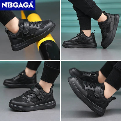 Children’s Black Leather Sneakers – Non-Slip Casual Flat Walking Shoes for Boys & Girls, Lightweight Student Sports Footwear