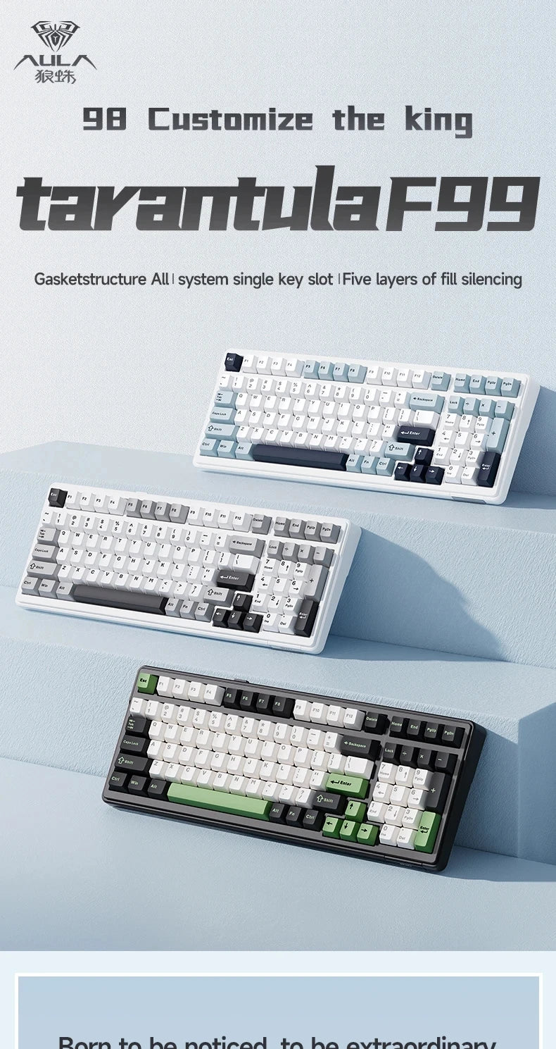 AULA F99 99-Key Gaming Mechanical Keyboard – Wired, 2.4G Wireless, Bluetooth, Hot-Swappable PBT Gasket RGB for Gaming & Typing