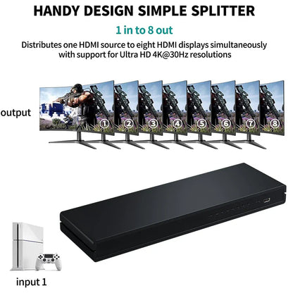 HDMI Splitter 1x8 4K 30Hz — 8-Port Video Distributor Converter, HDCP1.4 for PC, Laptop, PS4, DVD, Projector, TV