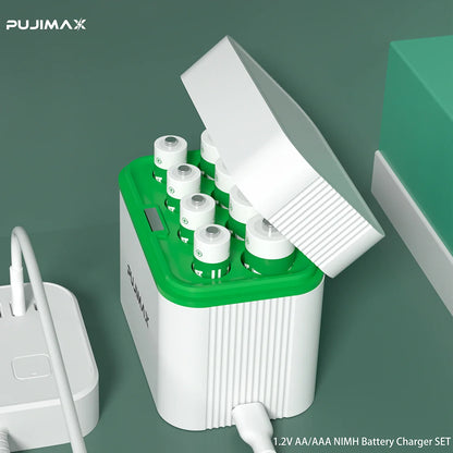 PUJIMAX LED Display 8-Slot Battery Charger – AA/AAA NiMH/NiCd 1.2V Rechargeable Battery Charger with Indicator