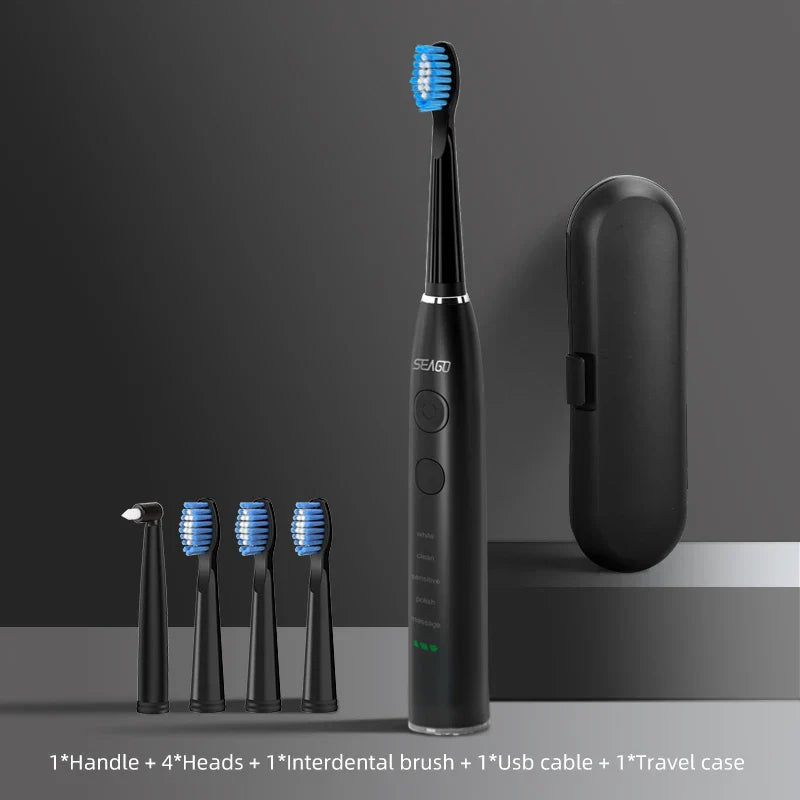 Seago SG-575 Sonic Electric Toothbrush – USB Rechargeable Adult Toothbrush with 4 Replacement Heads, Travel Case & 360-Day Battery Life, IPX7 Waterproof