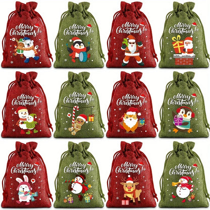 12PCS Christmas Drawstring Gift Bags – Linen Fabric Bags for Advent Calendar, Cookies & Candy Pouches