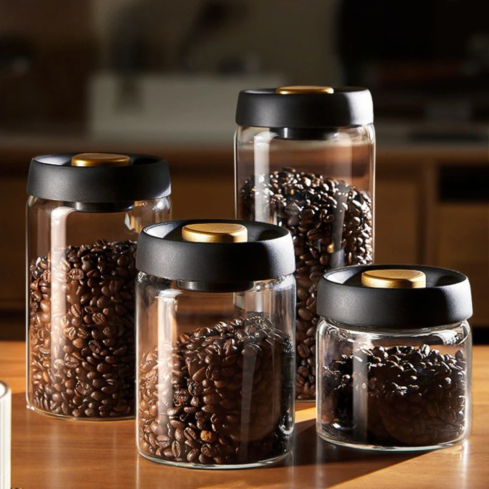 Vacuum Sealed Coffee Bean Storage Jar – Transparent Glass Airtight Container, Moisture-Proof Food Canister