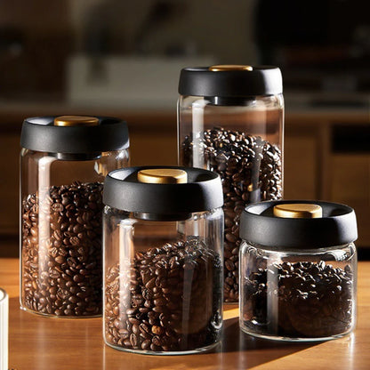 Vacuum Sealed Coffee Bean Storage Jar – Transparent Glass Airtight Container, Moisture-Proof Food Canister