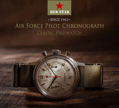 RED STAR 38mm Men's 1963 Chronograph Mechanical Watch – Pilot Air Force Aviation with Seagull ST1901 Movement & Sapphire Glass