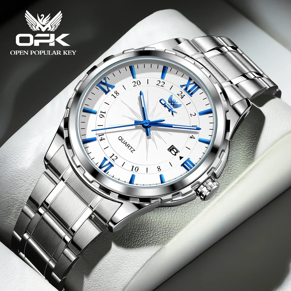 OPK Men's Quartz Watch — Steel Belt Dual Calendar Wristwatch Model 6003