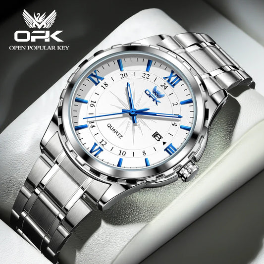 OPK Men's Quartz Watch — Steel Belt Dual Calendar Wristwatch Model 6003