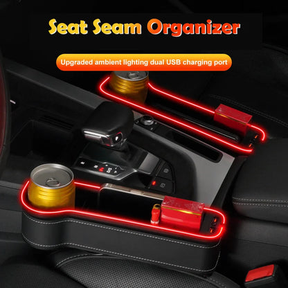 Car Crevice Storage Box with 2 USB Charger – LED Seat Gap Organizer, Phone, Bottle, and Cup Holder
