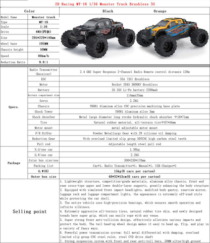 ZD Racing MT-16 1/16 RC Monster Truck – Brushless 3S 80km/h, 2.4G 4WD Off-Road RC Car, Remote Control Truck Toys