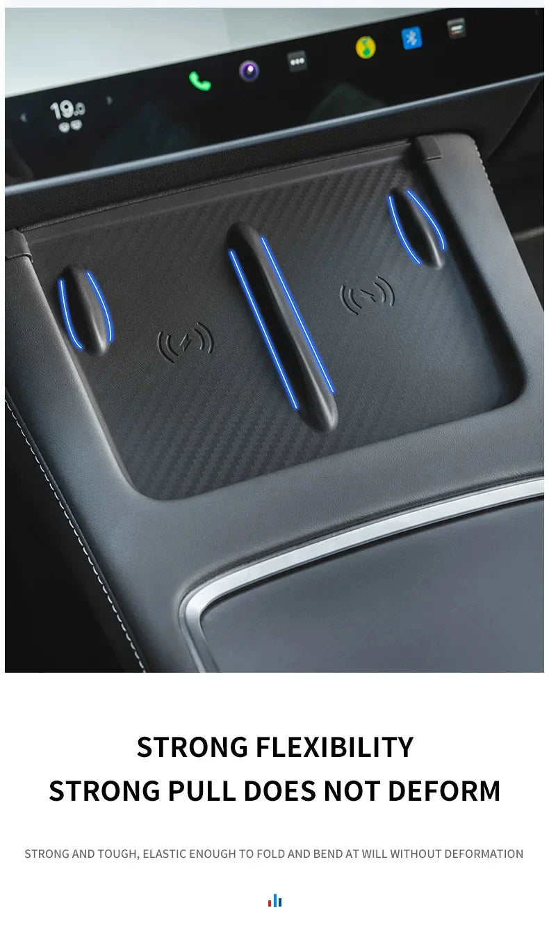 Tesla Model 3/Y Wireless Charging Pad – Silicone Carbon Fiber Central Control Charger Protector, Non-Slip Mat Accessory
