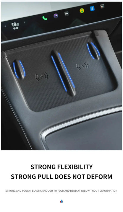Tesla Model 3/Y Wireless Charging Pad – Silicone Carbon Fiber Central Control Charger Protector, Non-Slip Mat Accessory
