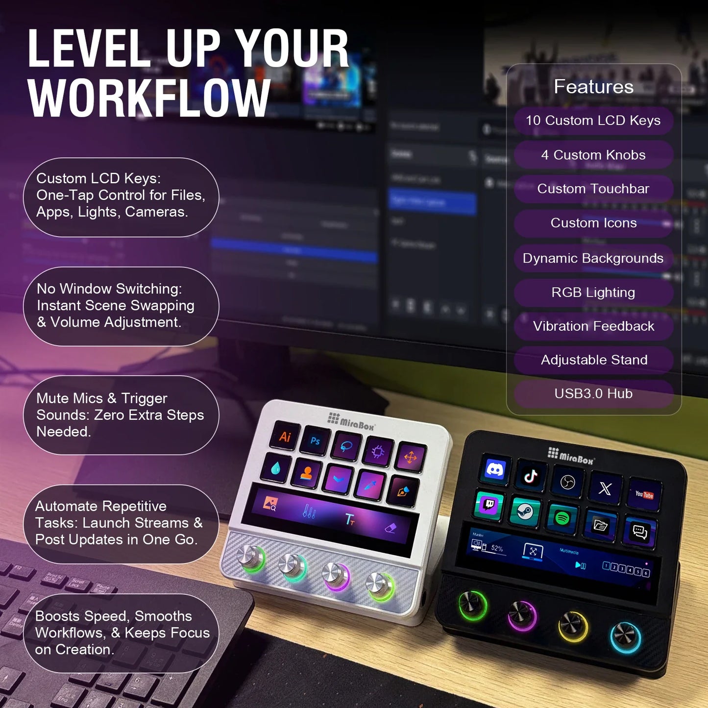 MiraBox N4 Pro Stream Deck Controller - 10 Programmable LCD Keys with 500+ Plugins for Streaming & Editing