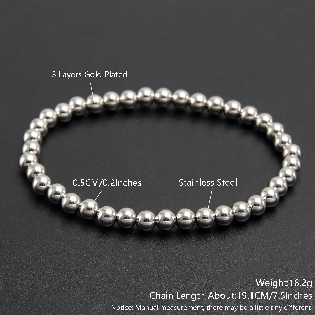 MHS.SUN Trendy Stainless Steel Stretch Bracelet — Gold & Silver Beaded 2mm/5mm/8mm for Men & Women
